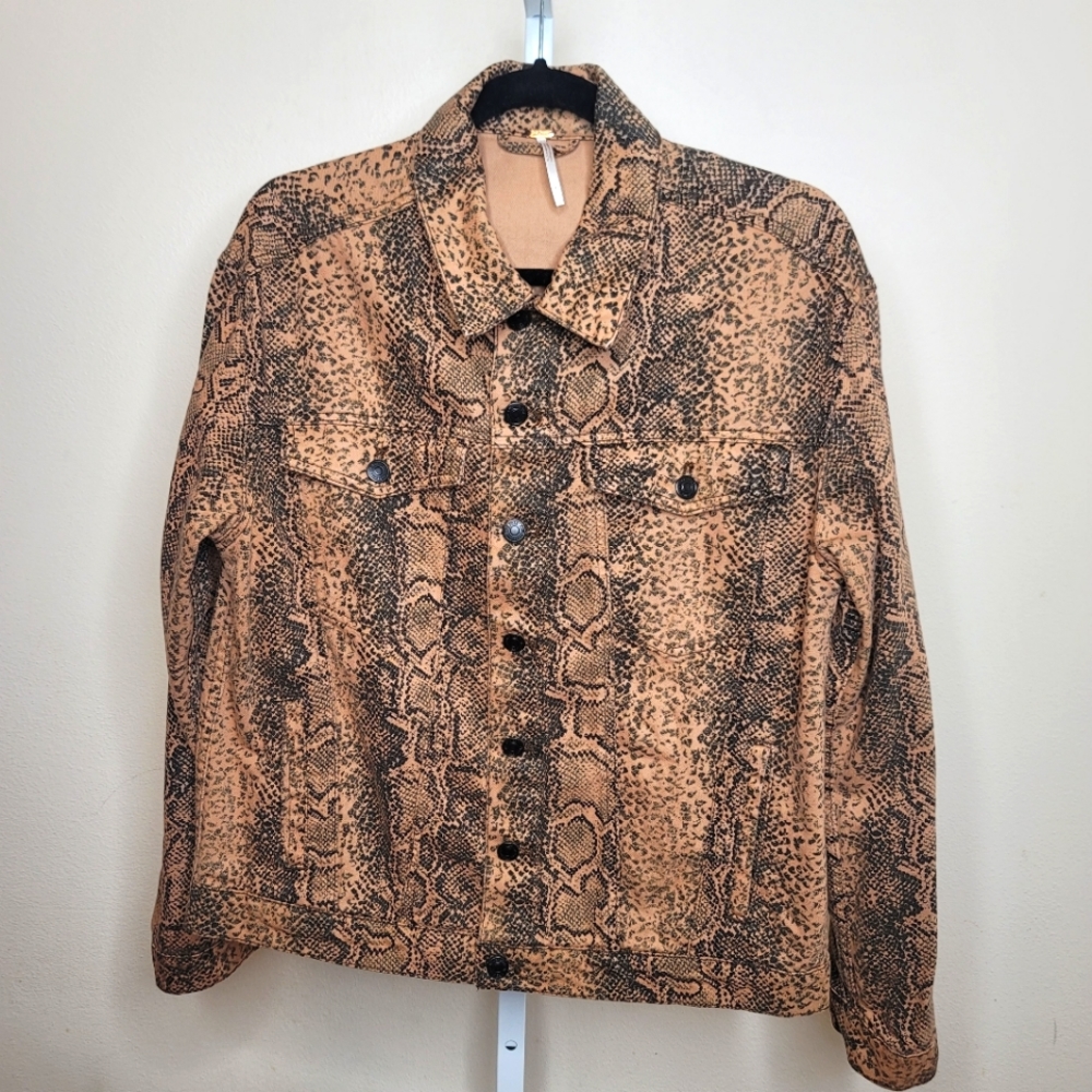 Free People Snake Print Trucker Jacket Black Brown Denim Jean Size Small